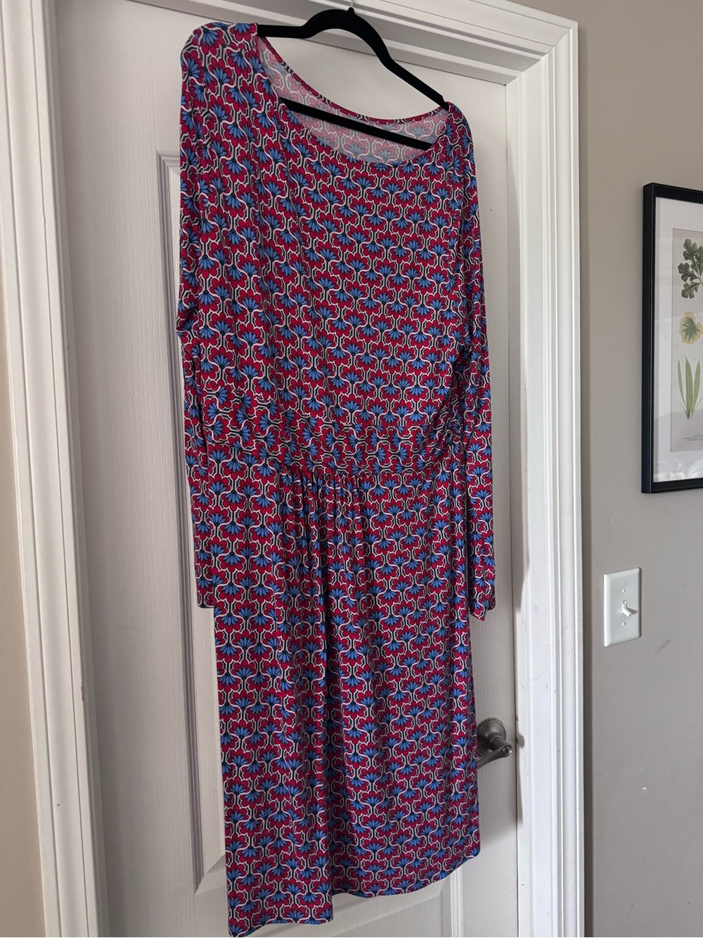 Boden Long Sleeve Printed Jersey Dress in Red and Blue